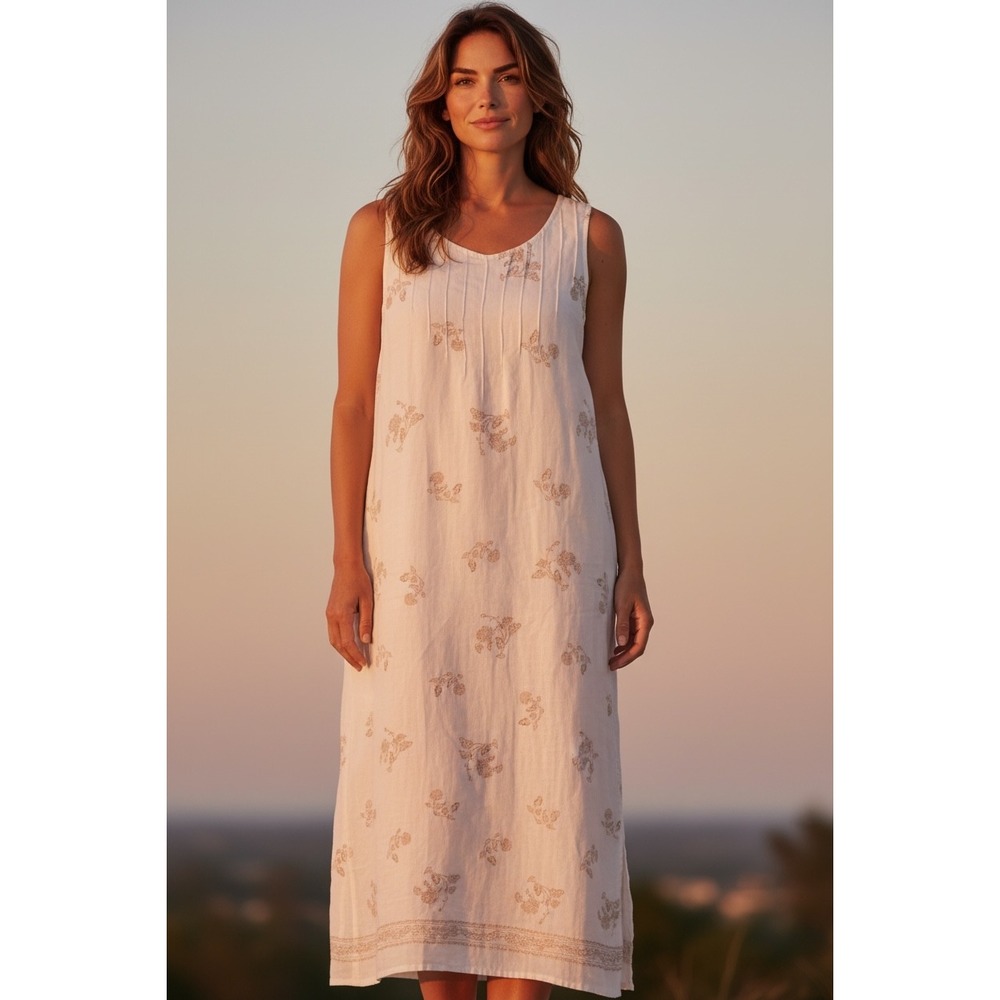 The White House Linen Floral Maxi Dress M Sleeveless Pintuck Coastal Summer